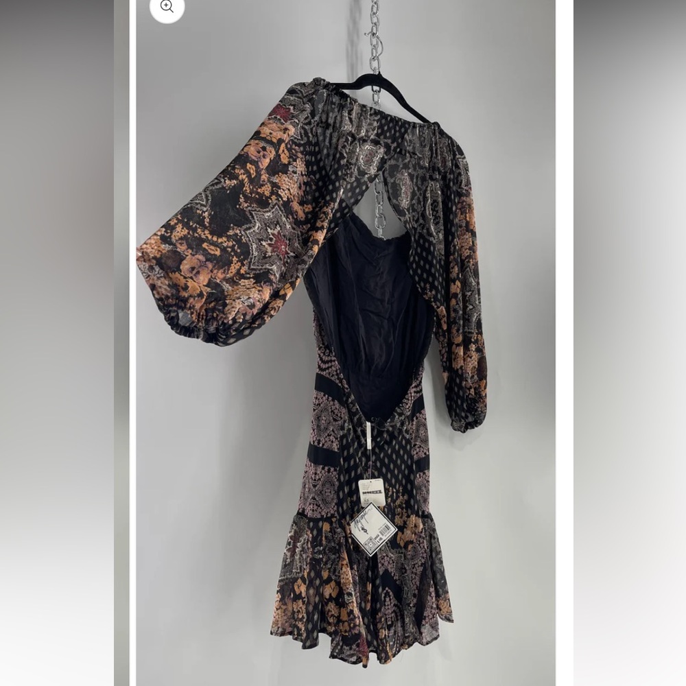 RARE Free People brown black floral off shoulder Tie Front a line dress